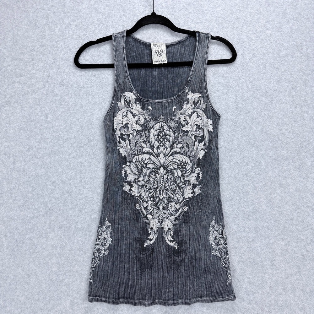 Vocal Tank Women L Gray Acid Wash Rhinestone Embellished Ribbed Graphic McBling